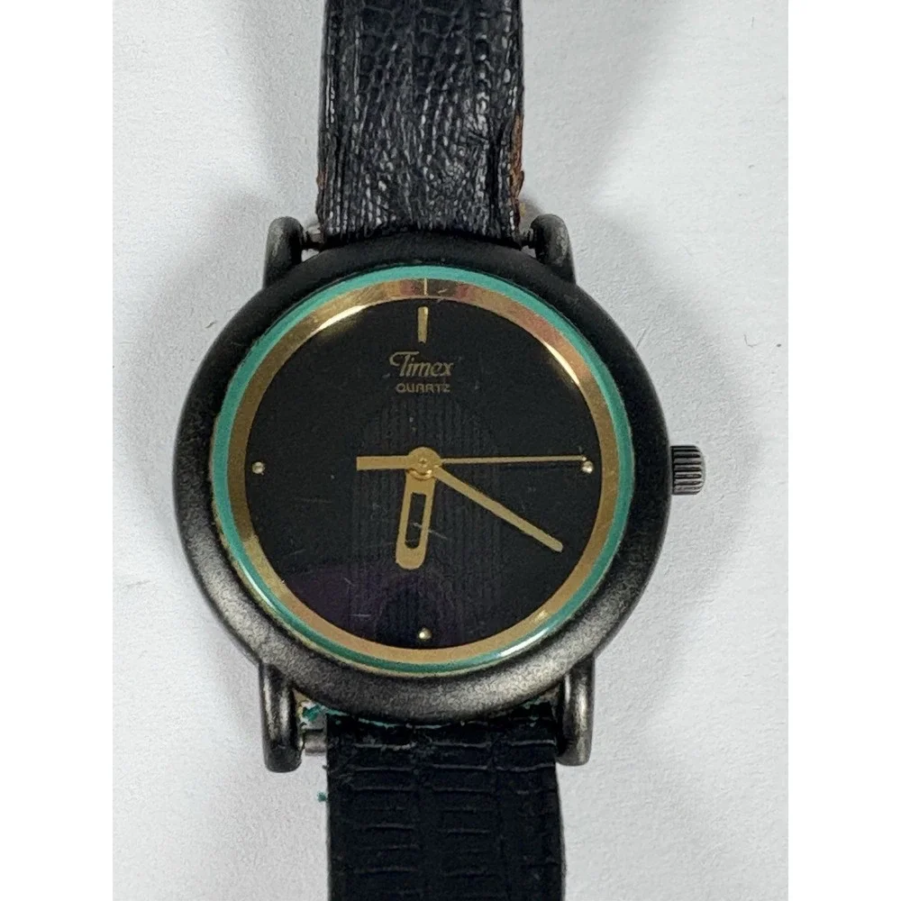 Timex Quartz Women's Watch Black Gold Tone Leather Strap